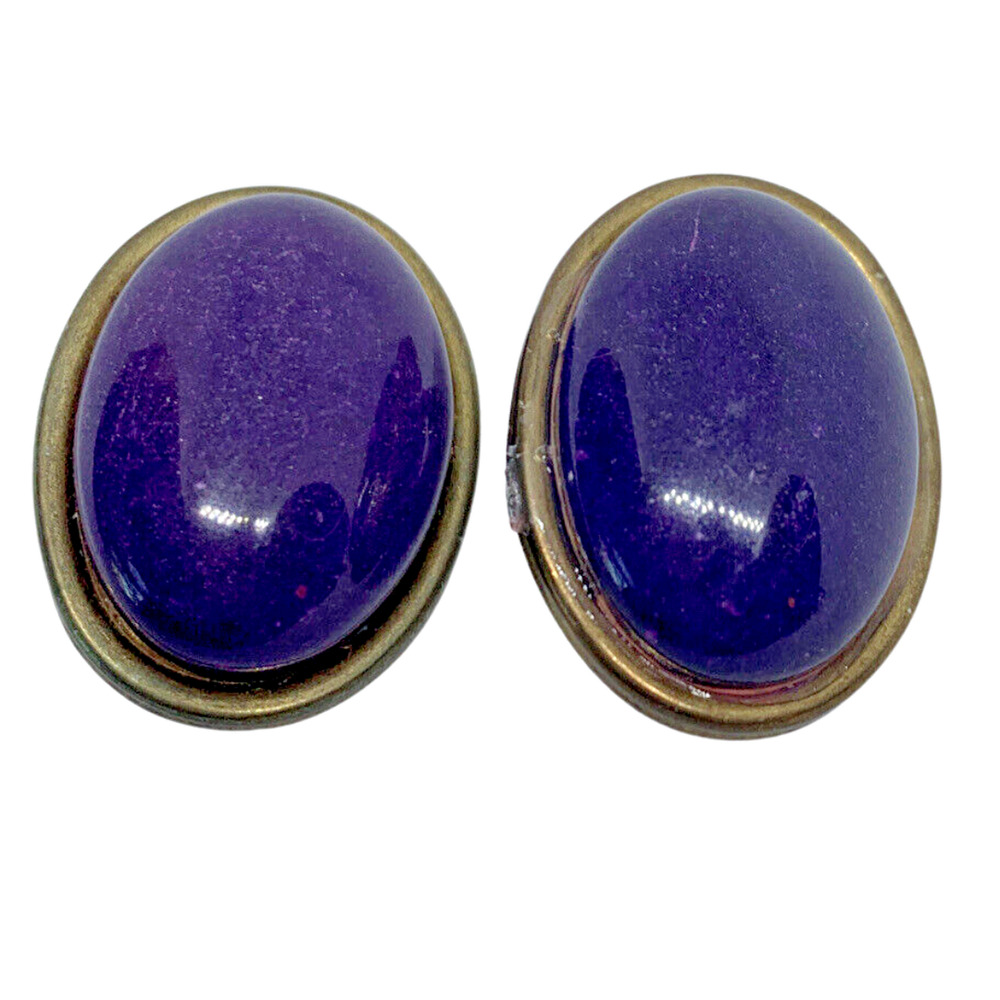Vintage Clip On Earrings 1 1/4" Oval Purple Earrings Goldtone Trim